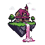 Whimsical house with magenta roof on a floating island of dark rock, covered in green grass with pink flowers. A pink waterfall cascades from the island's edge. Pale pink clouds drift in a black void.
