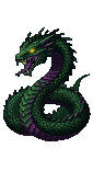A menacing, scaly green basilisk with purple underbelly accents, head raised and mouth agape revealing sharp fangs. Its yellow eyes gleam.