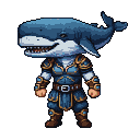 Warrior with a whale's head, baring sharp teeth, wearing blue and gold armor.