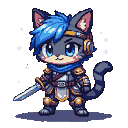 Chibi cat warrior with blue eyes and blue hair, wearing golden-accented pixel armor and a blue scarf, holding a sword.