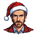 Dr. House in a Santa hat, scowling, wearing a red jacket over a blue shirt.