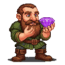 A stout dwarf with a bushy brown beard holds a large, faceted purple diamond in his cupped hands, gazing at it with quiet wonder. He wears a green tunic, brown belt, and sturdy boots.