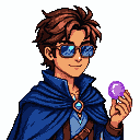 Young male wizard with brown hair, blue sunglasses, deep blue cloak with purple gem clasp, and a translucent purple orb in his right hand.