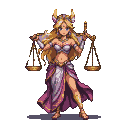 Regal figure representing Libra, holding a golden balance scale, with flowing blonde hair, opalescent top, and a deep purple skirt.