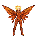 Pixie-like woman in metallic orange spacesuit with large, segmented orange wings and a fiery blonde halo.