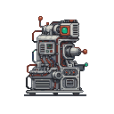 A complex industrial machine in shades of gray and silver, with red wiring and an emerald green lens at the top, on a black background.