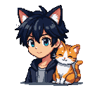 Anime boy with dark spiky hair and cat ears smiles gently next to a sleeping orange and white tabby cat.