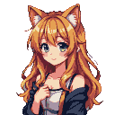 Anime girl with fluffy ginger cat ears, auburn hair, and large teal eyes, wearing a white top and dark open jacket, smiling shyly.