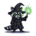 A stout raccoon wearing a dark wizard hat and black suit, holding a wand that emits crackling green magic.