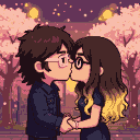 Chibi couple kissing, hands clasped, with shaggy dark brown hair and glasses. She has blonde ombré hair and a silver bracelet. Romantic pixelated evening with yellow and pink bokeh lights and cherry blossom trees.