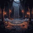 Ancient dungeon interior with glowing circular rune on the floor, cracked pillars, hanging chains, and a dark staircase. Flickering torchlight illuminates worn stone walls, casting shadows and a hint of fog.