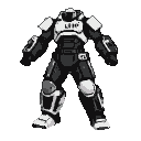 A warrior in a black and white segmented power suit with angular pauldrons and greaves, a white chest plate with an emblem, and a dark visor.