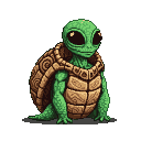 Green-skinned alien with large, dark, almond-shaped eyes, wearing a segmented turtle shell, sits with muscular arms at its sides, looking inquisitively.
