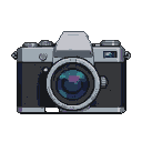 A vintage camera with a prominent blue and purple lens, rendered in a pixel art style against a black background.