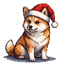Akita American dog wearing a Santa hat, smiling.