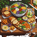 A pixel art table laden with a large salad, bread and crackers, roasted vegetables, hummus, and fried snacks.