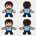 A two-headed boy character wearing a light blue polo shirt and dark blue trousers, shown from front, back, left, and right views.