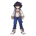 Anime-style figure in a white t-shirt with a red and green emblem, grey open jacket, blue jeans, and white sneakers.