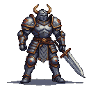 Knight in detailed plate armor with golden accents and a horned helmet, holding a broadsword.