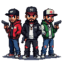 Three figures in 90s gangster attire, wearing snapback caps and holding pistols, stand ready. The central figure's cap has the number "91."