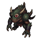 A menacing, one-eyed cyclops monster with green, scaly hide and segmented armor crouches low, claws extended, its blood-red eye staring intensely.