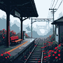 A foggy, overgrown 1960s Japanese rural train station with vibrant red flowers and dark roots spilling over benches and tracks.