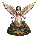 Serene angel with cream and pink gown, green and orange accents, and outstretched wings, standing on a mossy rock.