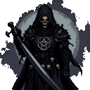 A grim reaper knight in dark metal armor and a tattered black cloak, with a realistic skull face. A pentagram is on its chest plate, and three skulls hang from its belt. It holds a long, straight sword downwards.