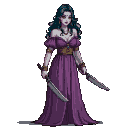 Elven woman in a purple dress holding two knives.
