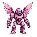 A pink pixie mech with segmented armor and a single glowing blue eye, featuring translucent insect-like wings.