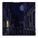 A lone figure on a balcony looks out at a dimly lit, blue and purple pixelated city street under a moonlit sky. A single warm window glows in the darkness.