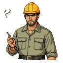 A construction worker with a tan shirt and yellow hard hat pauses, a cigarette in his hand.