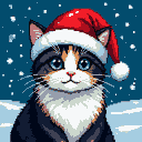 Calico cat wearing a Santa hat sits in a snowy landscape.