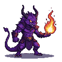 Menacing purple fire demon with sharp horns, piercing yellow eyes, clad in dark segmented armor, conjuring a flickering orb of fire in its left hand, tail curled behind.