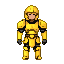 A solitary figure in segmented yellow armor stands ready against a black background.