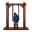 A person in a blue tunic and brown trousers stands with hands chained to a wooden gallows, head bowed in despair.