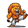 A pixel art lion in a white karate gi with a brown belt, mid-kick, roaring with bared teeth and narrowed eyes.