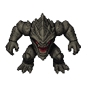 A hulking, reptilian monster with jagged scales and sharp teeth, mouth agape, viewed from above against a black background.