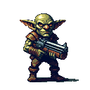 A green-skinned goblin with pointed ears and red eyes, wearing segmented armor and tattered clothes, stands holding a futuristic double-barreled shotgun.