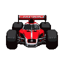 A red racing car with white stripes, viewed from the rear-angled front, featuring a prominent rear wing and wide tires.