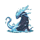 A majestic water elemental with translucent blue and white swirling forms, a shadowy core, sharp crystalline features, a flowing mane, and a serpentine tail. Droplets splash dynamically around its form.