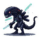 A menacing Xenomorph with glowing cyan lights on bladed weapons, tilted head, red eye glint, and bared pixelated teeth.
