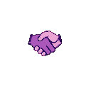 Two pixelated purple and pink hands clasped in a handshake.