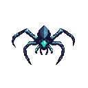 Stylized spider icon with segmented body and eight spindly legs in deep blues and purples, featuring a glowing cyan gem at its core.