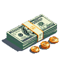 A thick stack of US dollar bills bound by an orange band rests on a dark surface, with three gold coins scattered in front.