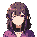 Young anime girl with dark purple hair and violet eyes, wearing a choker and purple top, bust portrait.