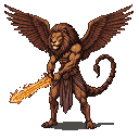 Lion-headed warrior with feathered wings and a scorpion tail, holding a glowing fiery sword.