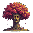 A sentient tree with a stern, human-like face and glowing orange eyes, its crown a vibrant mix of red and yellow foliage, stands against a dark background.