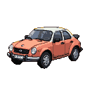 Coral hatchback with white roof, three-quarter front view, against a black background.