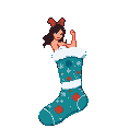 A woman with dark hair and a red bow peeks from the fluffy white rim of a teal Christmas sock patterned with red holly berries and white snowflakes.